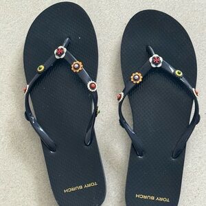 Tory Burch Navy Sandals with Floral Embellishments